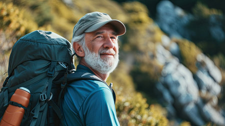 Senior man backpacking hiking Nature travel He is healthy. The concept of a happy life after retirement . Copy space.の素材