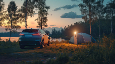 Outdoor adventure and family vacation camping in nature travel by eco friendly car for sustainable future. Lovely family recharge EV car with EV charging station in campsite. Perpetual.の素材