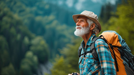 Senior man backpacking hiking Nature travel He is healthy. The concept of a happy life after retirement . Copy space.の素材