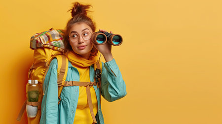 Horizontal shot of curious female backpacker explores tourist destination, uses binoculars, dressed in active wear, holds kerosene lamp carries traveling items with rucksack isolated over yellow wall.の素材
