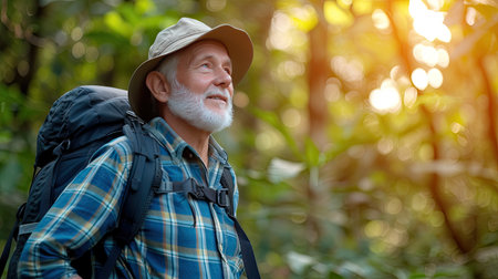 Senior man backpacking hiking Nature travel He is healthy. The concept of a happy life after retirement . Copy space.の素材