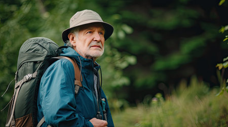Senior man backpacking hiking Nature travel He is healthy. The concept of a happy life after retirement . Copy space.の素材