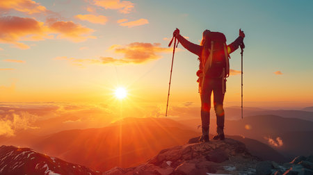 traveller in mountains with a backpack and trekking poles rejoices at the top during a beautiful sunset.の素材