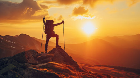 traveller in mountains with a backpack and trekking poles rejoices at the top during a beautiful sunset.の素材