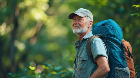 Senior man backpacking hiking Nature travel He is healthy. The concept of a happy life after retirement . Copy space.の素材