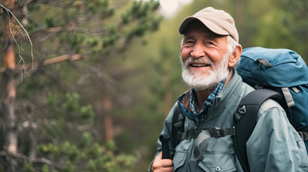 Senior man backpacking hiking Nature travel He is healthy. The concept of a happy life after retirement . Copy space.の素材