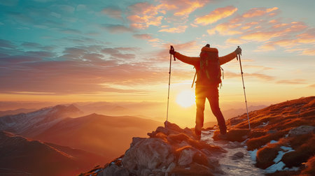 traveller in mountains with a backpack and trekking poles rejoices at the top during a beautiful sunset.の素材