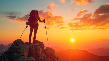 traveller in mountains with a backpack and trekking poles rejoices at the top during a beautiful sunset.の素材