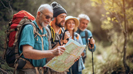 Group of tourist backpacking open map and hiking nature travel. The concept of a happy life after retirement . Copy space.の素材