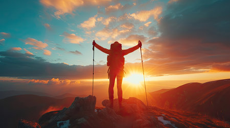 traveller in mountains with a backpack and trekking poles rejoices at the top during a beautiful sunset.の素材