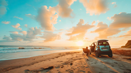 Family vacation trip traveling by the beach with electric car, happy family recharge EV car, enjoying outdoor camping coffee. Seascape travel and eco-friendly car for clean environment. Perpetual.の素材