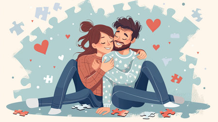Happy couple sitting on jigsaw puzzles hugging. Smiling man and woman embrace find love together. Relationship and affection. Watercolor style.の素材
