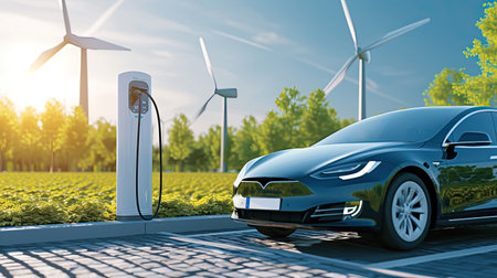EV charging station for electric car in concept of green sustainable energy produced from renewable resources to supply to charger station.の素材