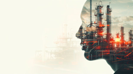 Generative AI of a double exposure Technician or Engineer head, an oil, gas, and petrochemical refinery facility demonstrates the future of electricity and the engineer.の素材