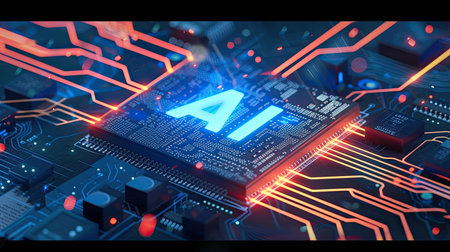 AI word on microchip and colorful light spread with strong beam , AI concept with copyspace banner background, Generative AI.の素材
