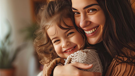 Cute kid girl and smiling mom laughing embracing cuddling together. - Generative AI.の素材