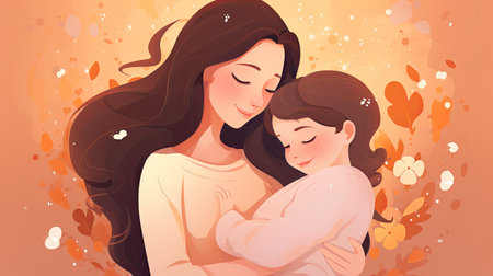 Happy kid girl hugging pregnant mother's belly. watercolor- Generative AI.の素材