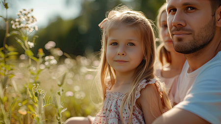 Little blonde girl sitting between mon and dad in the garden. Child enjoying with her young parents. Love and family concept. - Generative AI.の素材