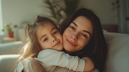 Portrait of happy mother and little daughter kid hugging on couch, looking at camera, smiling. Girl and her mon enjoying being at home together, child expressing love and tender to her mum on isolated white background. - Generative AI.の素材
