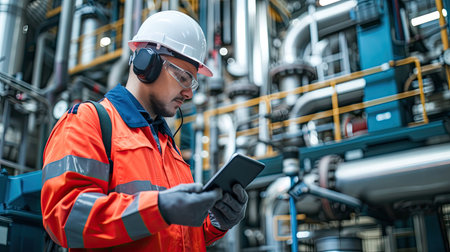 Refinery worker supervisor checking natural gas consumption and pipeline installations in petrochemical industry. Generative AI.の素材