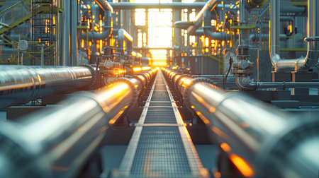 Industry pipeline transport petrochemical, gas and oil processing, furnace factory line, rack of heat chemical manufacturing, equipment steel pipes plant in daytime with Generative AI.の素材