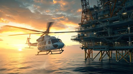 Helicopter landing on offshore Oil & Gas installation. Generative AI.の素材