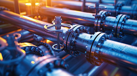 Oil or gas pipe line valves. Oil and gas extraction, production and transportation industrial background. Generative AI.の素材