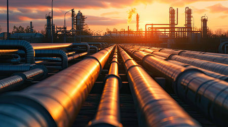 Industry pipeline transport petrochemical, gas and oil processing, furnace factory line, rack of heat chemical manufacturing, equipment steel pipes plant in daytime with Generative AI.の素材