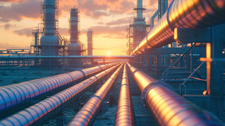 Industry pipeline transport petrochemical, gas and oil processing, furnace factory line, rack of heat chemical manufacturing, equipment steel pipes plant in daytime with Generative AI.の素材