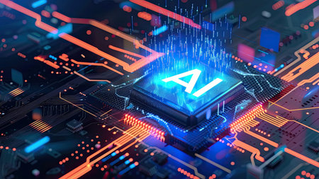 AI word on microchip and colorful light spread with strong beam , AI concept with copyspace banner background, Generative AI.の素材