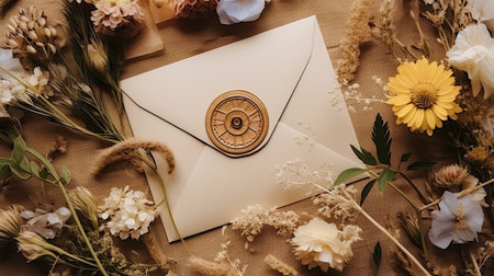 Wedding accessories, details: an envelope with a stamp, gold rings, boutonniere made of reeds and wildflowers. Close-up photo.の素材