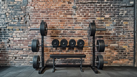 Dumbbell and Barbell rack against brick wall at gym fitness club. - AI Generated.の素材