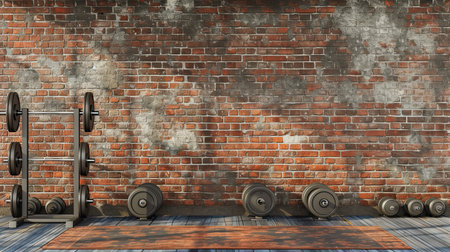 Dumbbell and Barbell rack against brick wall at gym fitness club. - AI Generated.の素材