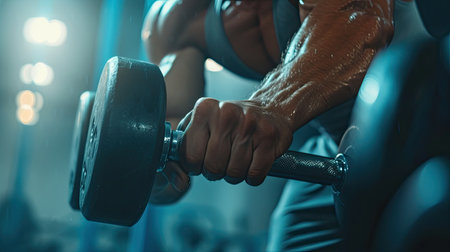 Fitness man doing concentration curls exercise working out with dumbbell in gym , Close up shot. - AI Generated.の素材
