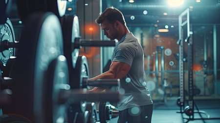 Fitness man doing concentration curls exercise working out with dumbbell in gym , Close up shot. - AI Generated.の素材