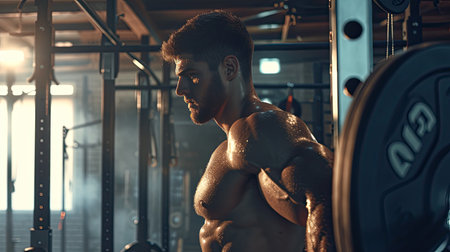 Fitness man doing concentration curls exercise working out with dumbbell in gym , Close up shot. - AI Generated.の素材