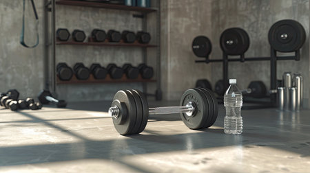 Dumbbells on the floor in concept fitness room with water bottle and training equipments. - AI Generated.の素材