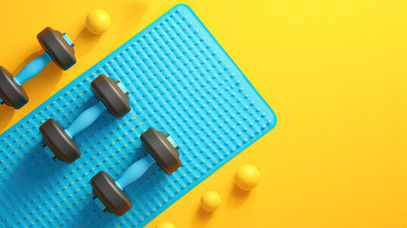 Flat line of blue fitness mat with dumbbells on yellow background. - AI Generated.の素材