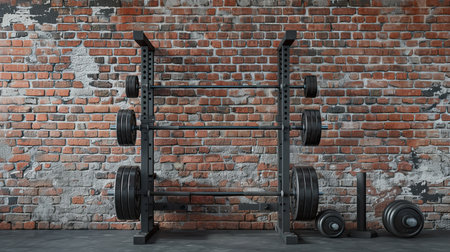 Dumbbell and Barbell rack against brick wall at gym fitness club. - AI Generated.の素材