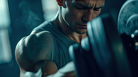 Fitness man doing concentration curls exercise working out with dumbbell in gym , Close up shot. - AI Generated.の素材