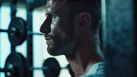 Fitness man doing concentration curls exercise working out with dumbbell in gym , Close up shot. - AI Generated.の素材