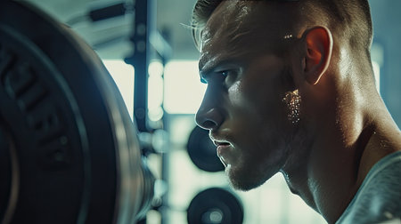 Fitness man doing concentration curls exercise working out with dumbbell in gym , Close up shot. - AI Generated.の素材