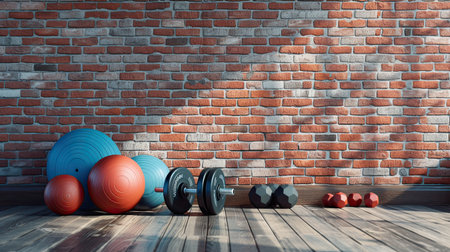 Set of fitness inventory on floor near brick wall. Space for text. - AI Generated.の素材