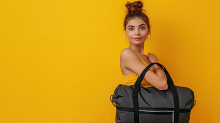 Woman Holding Fitness Bag Ready For Training on isolated yellow background. - AI Generated.の素材