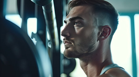 Fitness man doing concentration curls exercise working out with dumbbell in gym , Close up shot. - AI Generated.の素材
