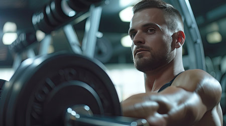 Fitness man doing concentration curls exercise working out with dumbbell in gym , Close up shot. - AI Generated.の素材