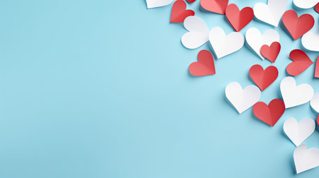 Top view photo of pink and red origami paper hearts on isolated pastel pink background with blank space, Generative AI.の素材