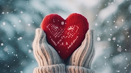 Female hands in knitted mittens with knitted heart on a snowy winter day.の素材