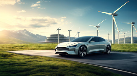 Alternative energy for smart car concept,EV vehicle charging station for electric car futuristic charger power cable and plug supply to car green energy and eco power sustainable source technology.の素材