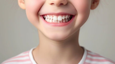 Cropped image of smiling boy with white teeth isolated on grey background. Dentis concept. Ai generative.の素材